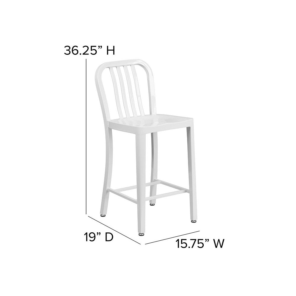 Commercial Grade 24" High White Metal Indoor-Outdoor Counter Height Stool with Vertical Slat Back