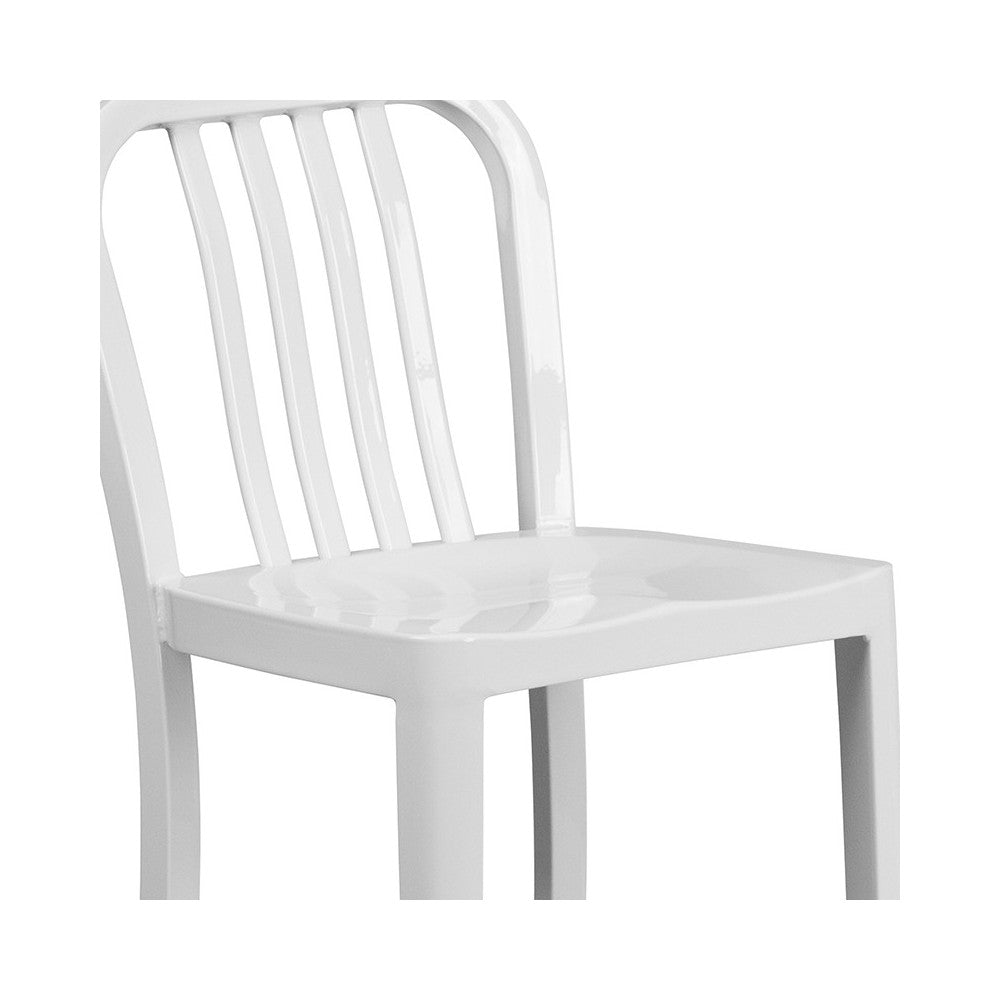 Commercial Grade 24" High White Metal Indoor-Outdoor Counter Height Stool with Vertical Slat Back