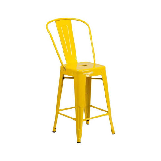 Commercial Grade 24" High Yellow Metal Indoor-Outdoor Counter Height Stool with Removable Back