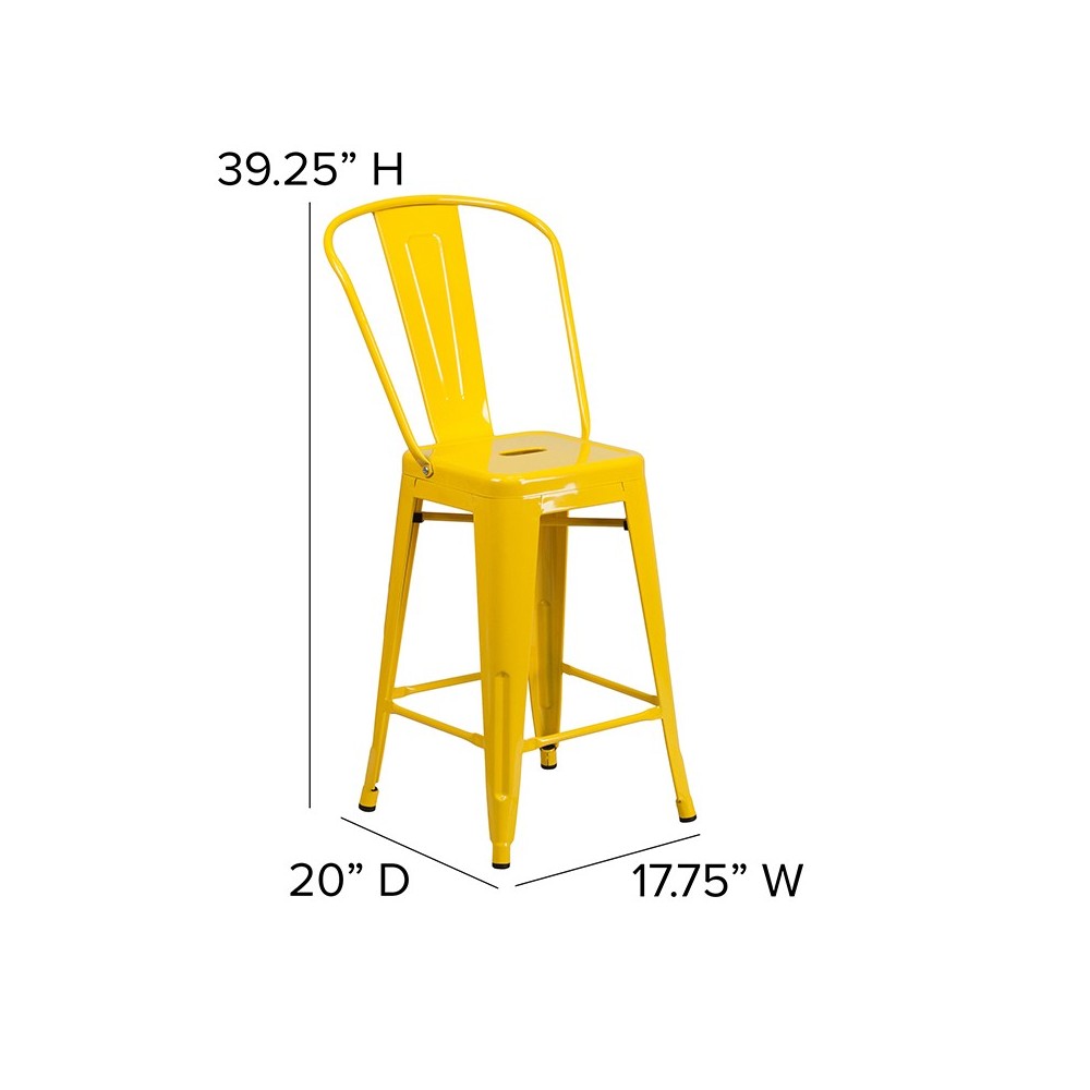 Commercial Grade 24" High Yellow Metal Indoor-Outdoor Counter Height Stool with Removable Back