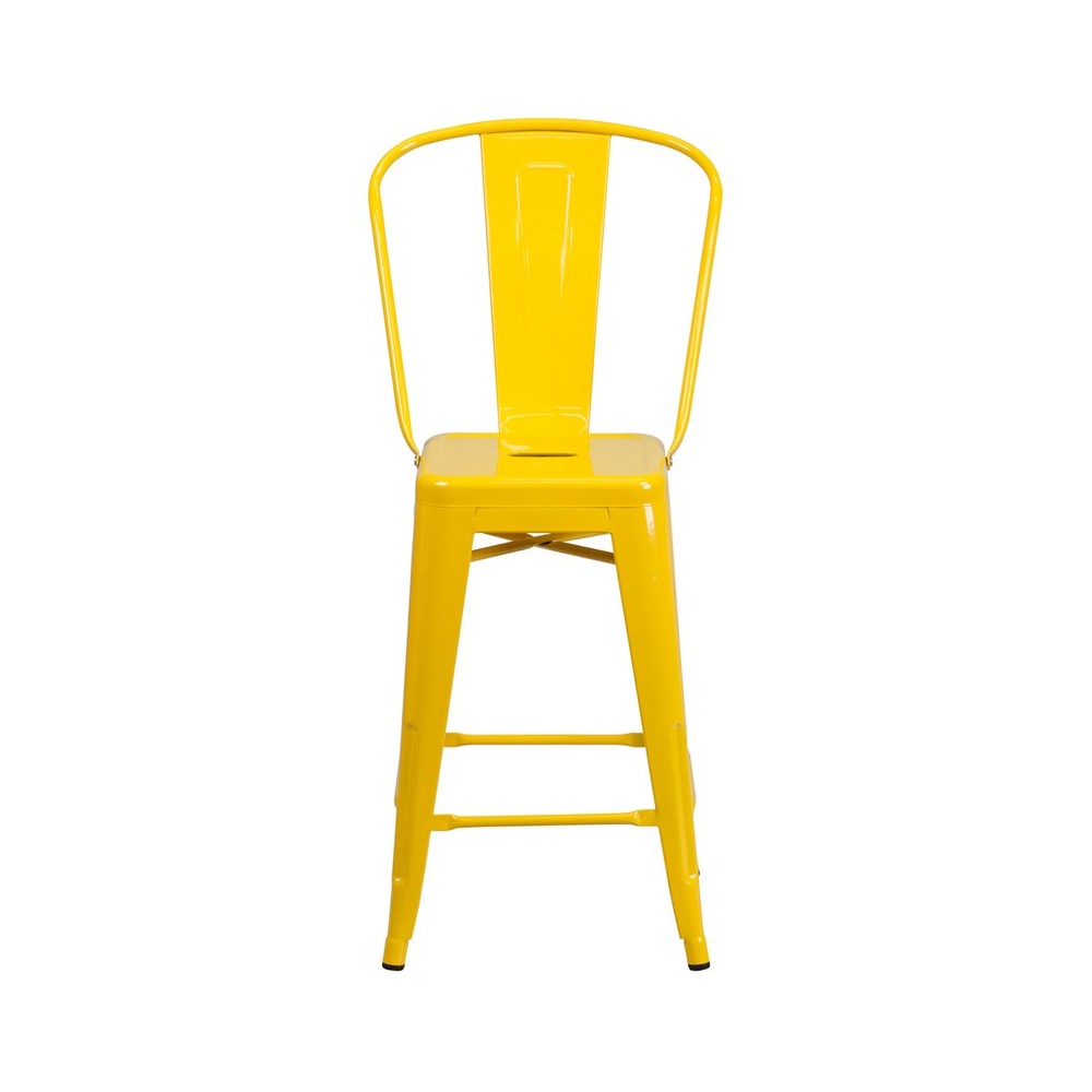 Commercial Grade 24" High Yellow Metal Indoor-Outdoor Counter Height Stool with Removable Back