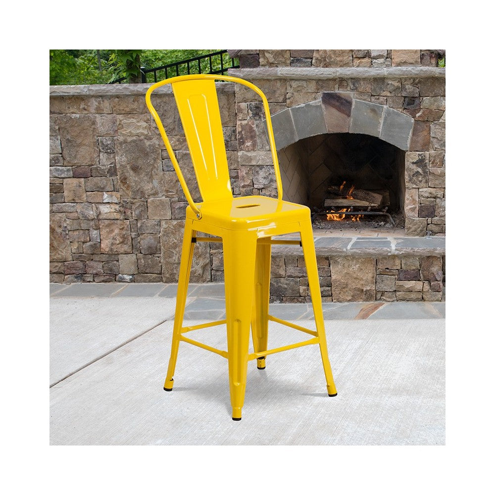 Commercial Grade 24" High Yellow Metal Indoor-Outdoor Counter Height Stool with Removable Back