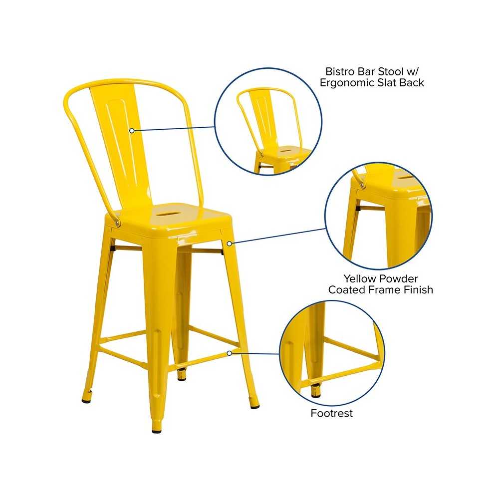 Commercial Grade 24" High Yellow Metal Indoor-Outdoor Counter Height Stool with Removable Back