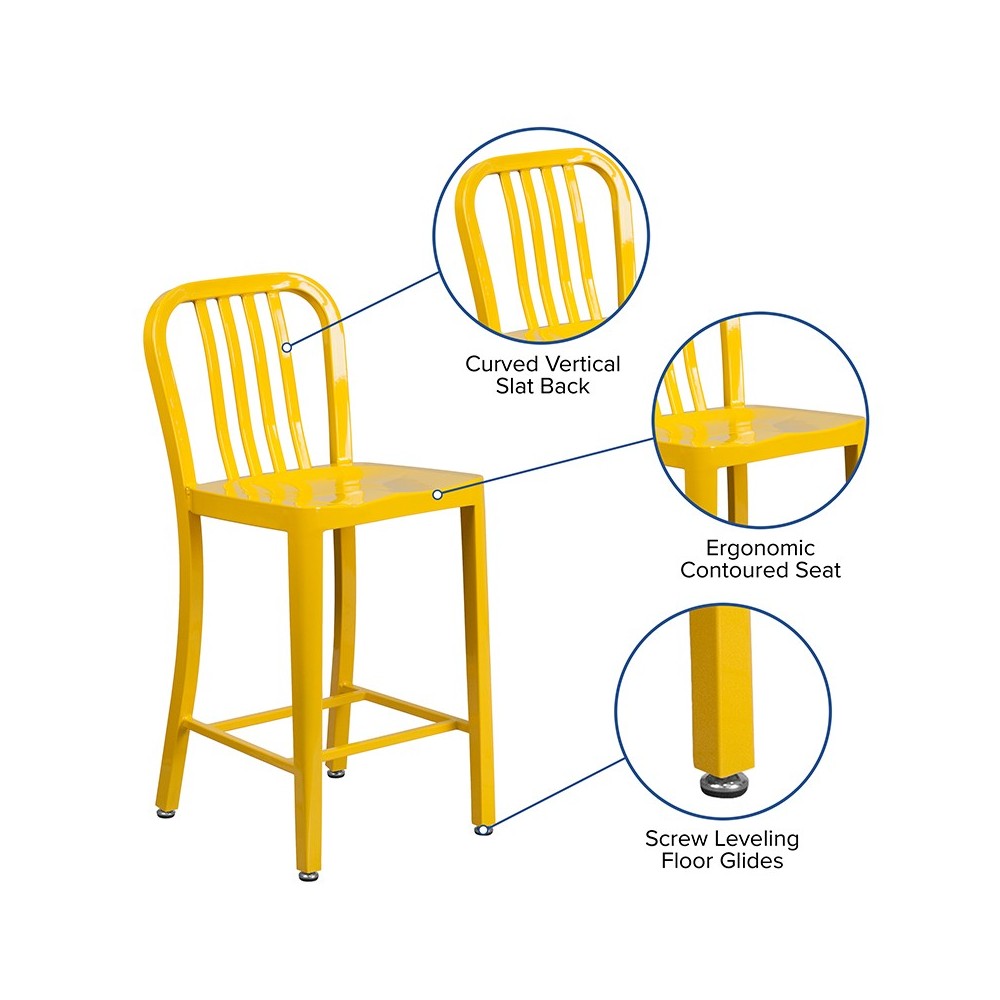 Commercial Grade 24" High Yellow Metal Indoor-Outdoor Counter Height Stool with Vertical Slat Back