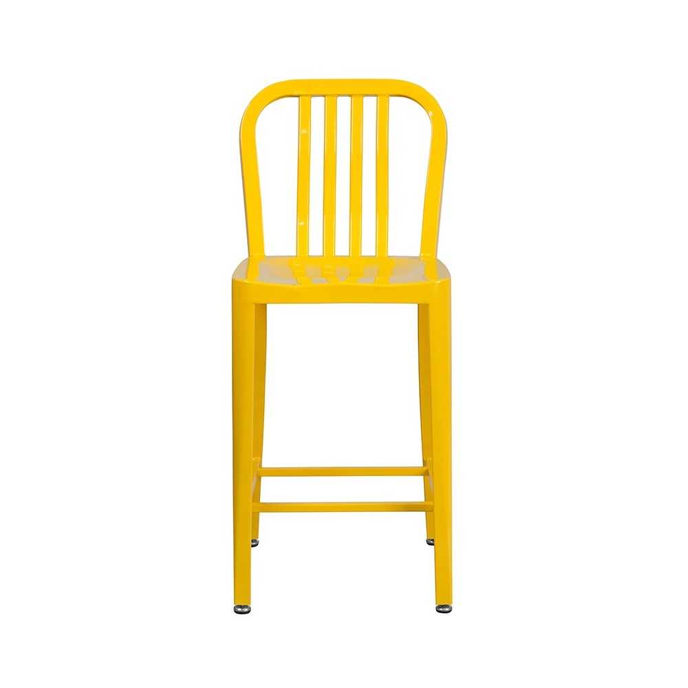 Commercial Grade 24" High Yellow Metal Indoor-Outdoor Counter Height Stool with Vertical Slat Back