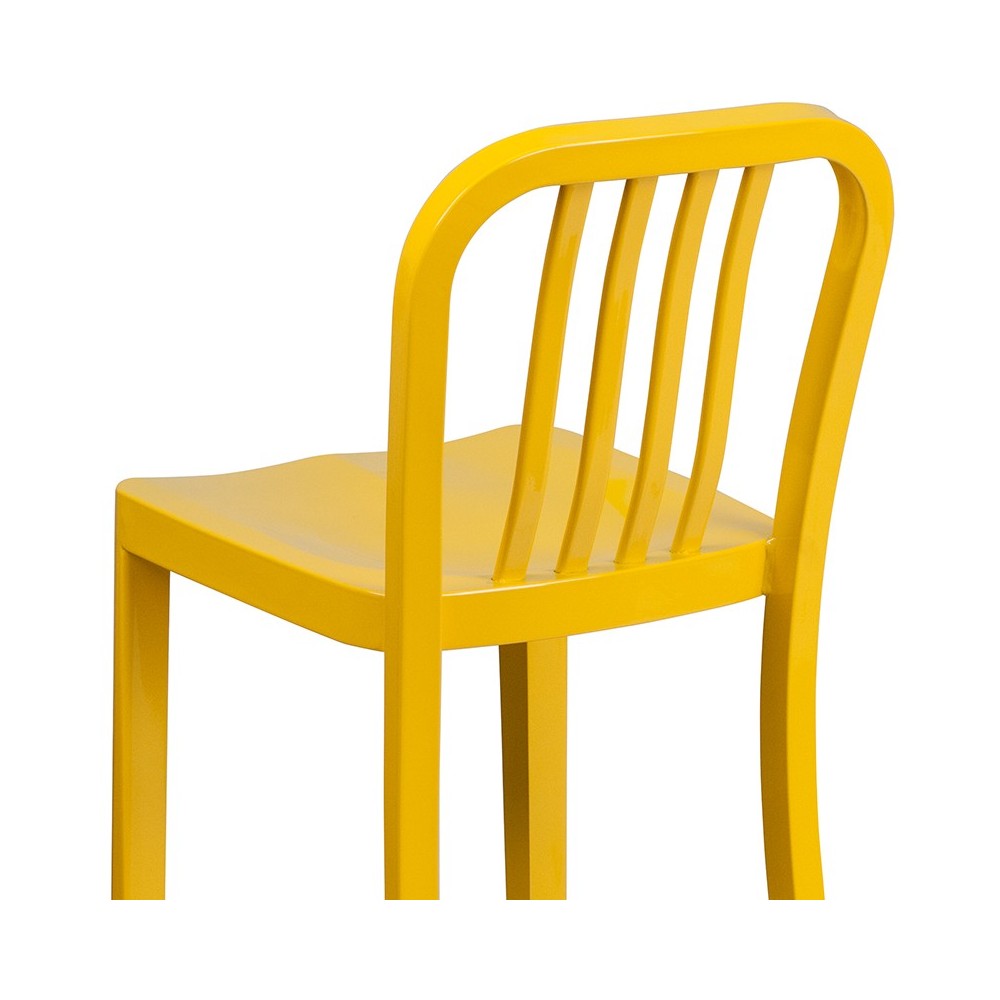 Commercial Grade 24" High Yellow Metal Indoor-Outdoor Counter Height Stool with Vertical Slat Back