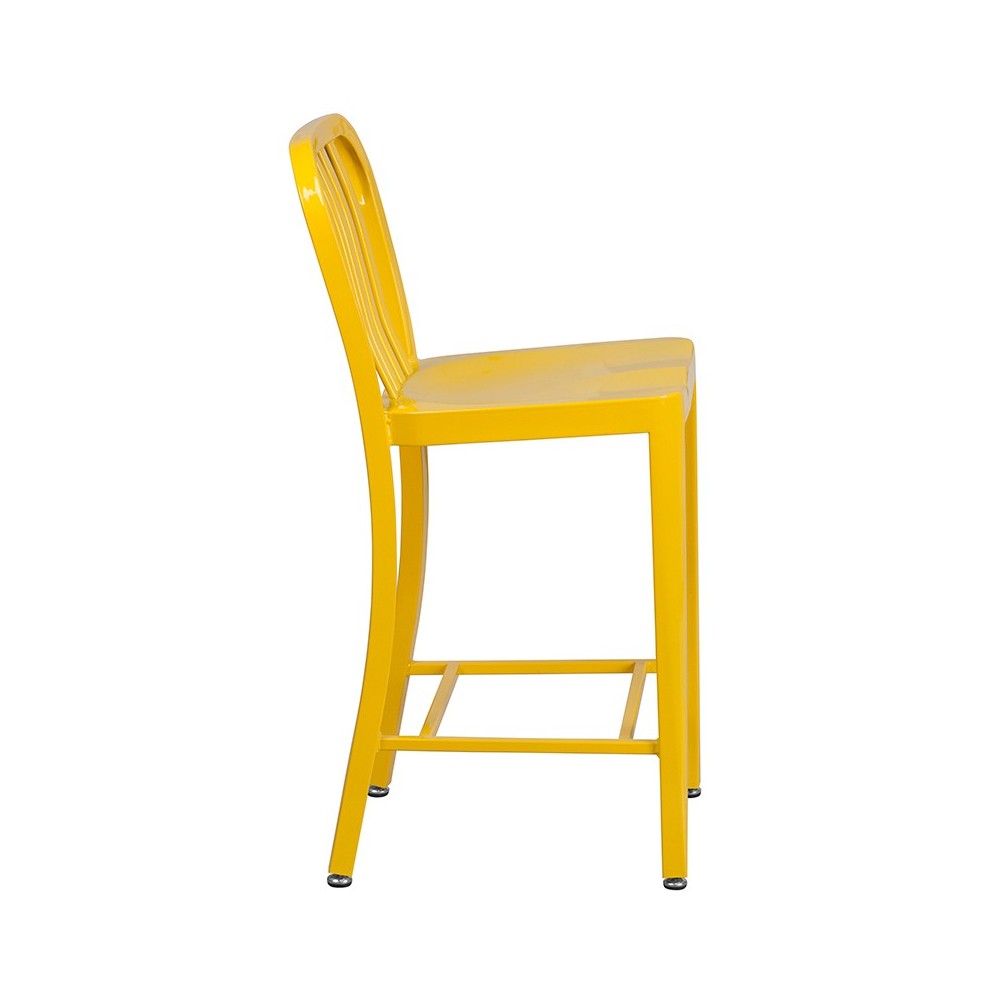 Commercial Grade 24" High Yellow Metal Indoor-Outdoor Counter Height Stool with Vertical Slat Back