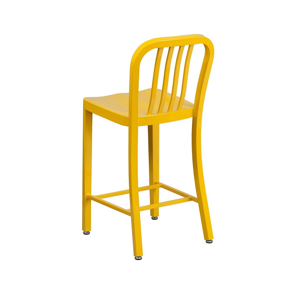 Commercial Grade 24" High Yellow Metal Indoor-Outdoor Counter Height Stool with Vertical Slat Back