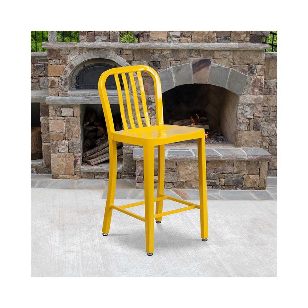 Commercial Grade 24" High Yellow Metal Indoor-Outdoor Counter Height Stool with Vertical Slat Back