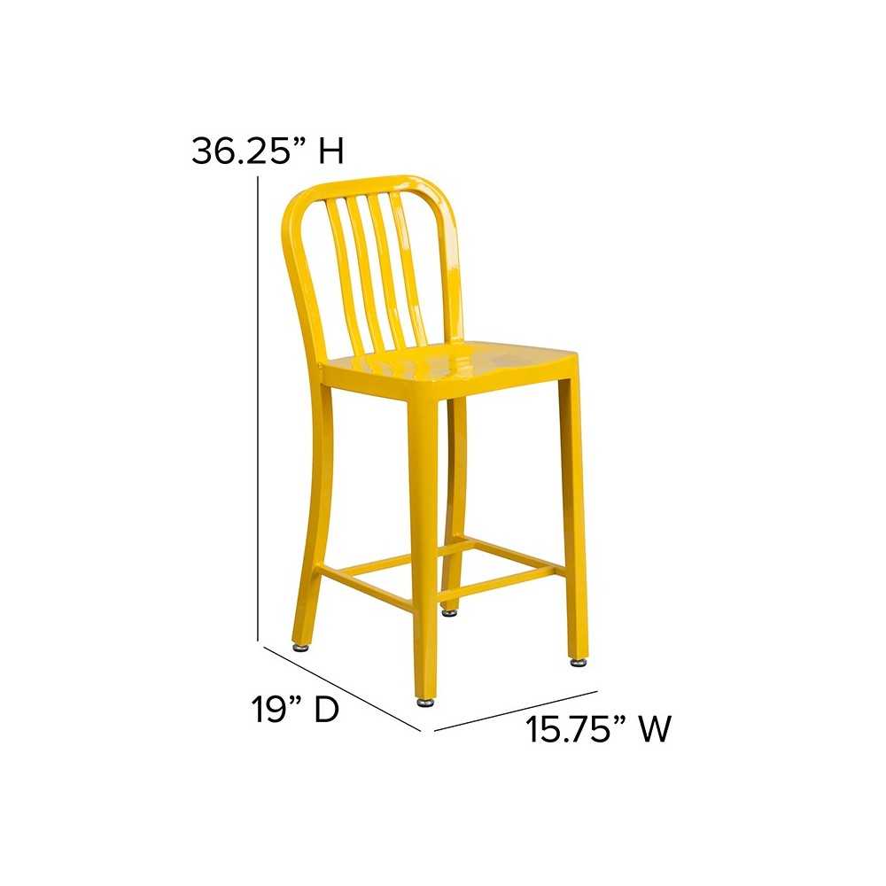 Commercial Grade 24" High Yellow Metal Indoor-Outdoor Counter Height Stool with Vertical Slat Back