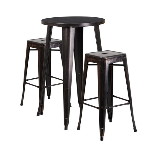 Commercial Grade 24" Round Black-Antique Gold Metal Indoor-Outdoor Bar Table Set with 2 Square Seat Backless Stools