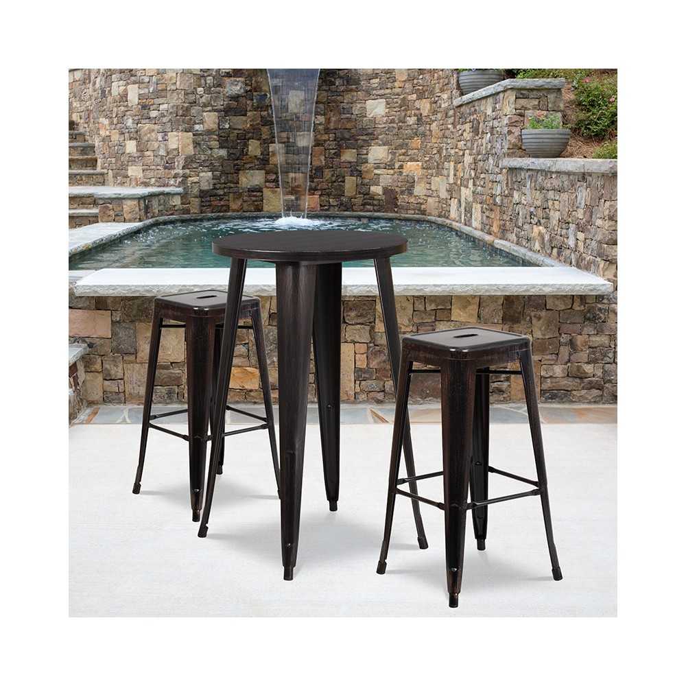 Commercial Grade 24" Round Black-Antique Gold Metal Indoor-Outdoor Bar Table Set with 2 Square Seat Backless Stools