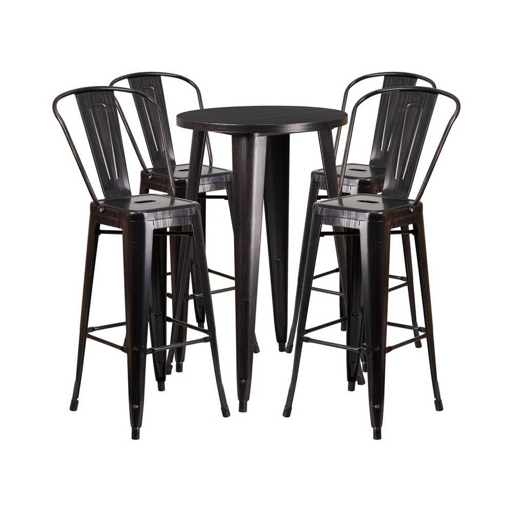 Commercial Grade 24" Round Black-Antique Gold Metal Indoor-Outdoor Bar Table Set with 4 Cafe Stools