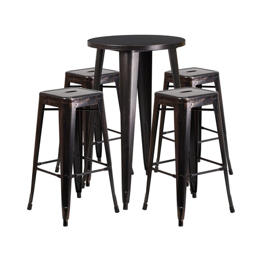 Commercial Grade 24" Round Black-Antique Gold Metal Indoor-Outdoor Bar Table Set with 4 Square Seat Backless Stools