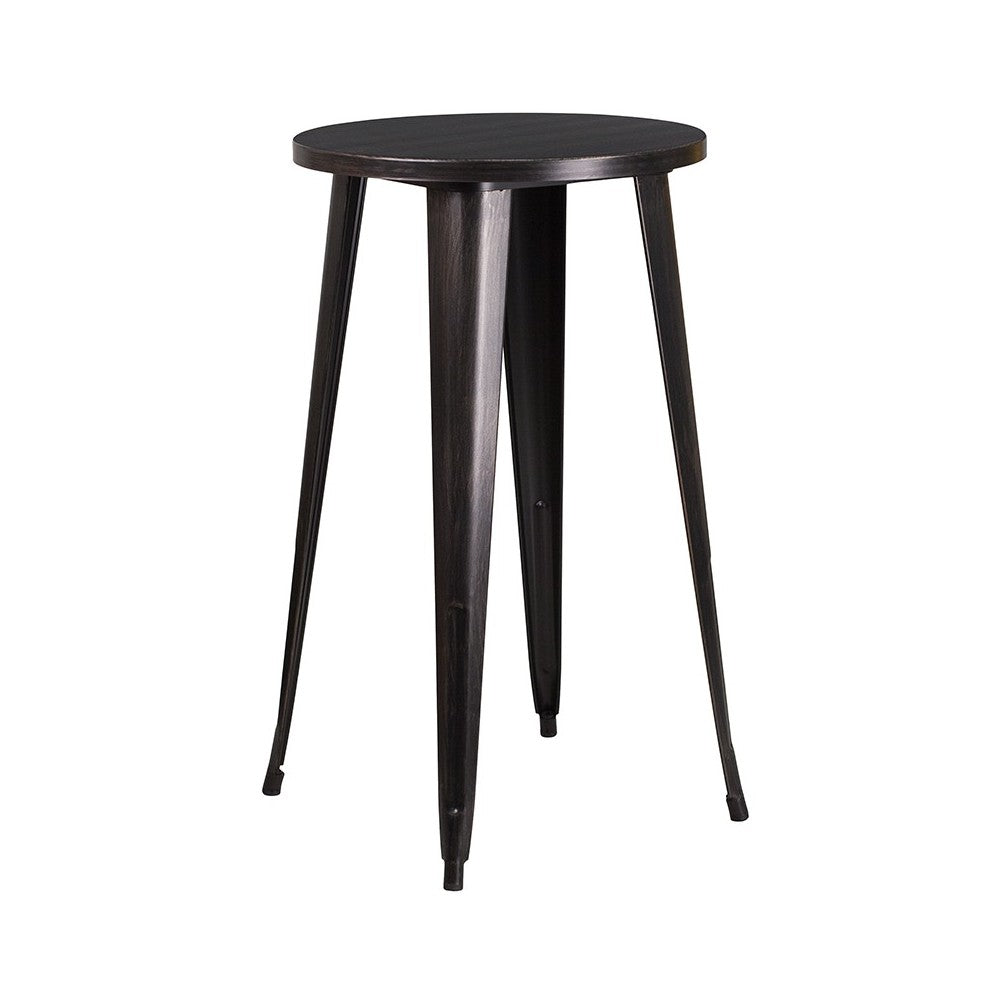 Commercial Grade 24" Round Black-Antique Gold Metal Indoor-Outdoor Bar Table Set with 4 Square Seat Backless Stools