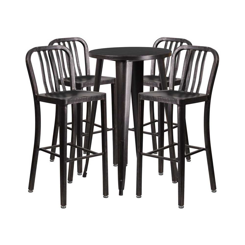 Commercial Grade 24" Round Black-Antique Gold Metal Indoor-Outdoor Bar Table Set with 4 Vertical Slat Back Stools