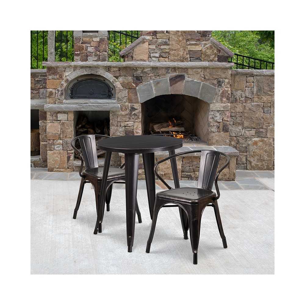Commercial Grade 24" Round Black-Antique Gold Metal Indoor-Outdoor Table Set with 2 Arm Chairs