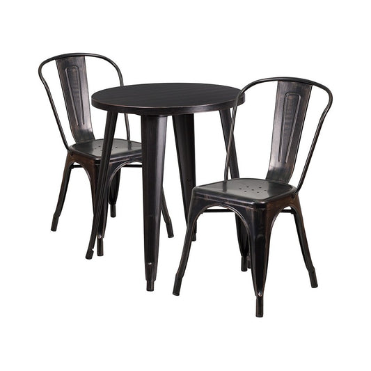 Commercial Grade 24" Round Black-Antique Gold Metal Indoor-Outdoor Table Set with 2 Cafe Chairs