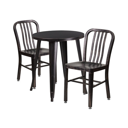 Commercial Grade 24" Round Black-Antique Gold Metal Indoor-Outdoor Table Set with 2 Vertical Slat Back Chairs