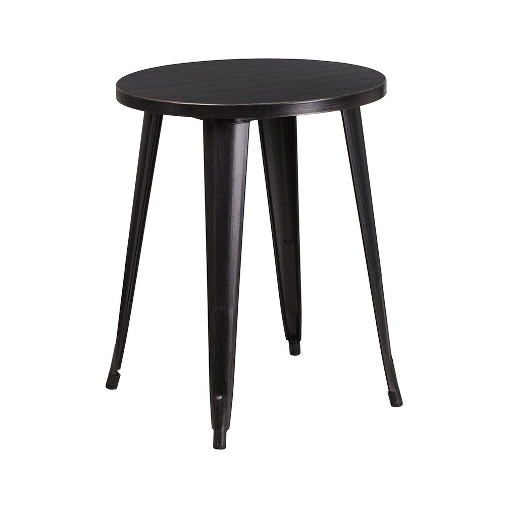 Commercial Grade 24" Round Black-Antique Gold Metal Indoor-Outdoor Table Set with 2 Vertical Slat Back Chairs