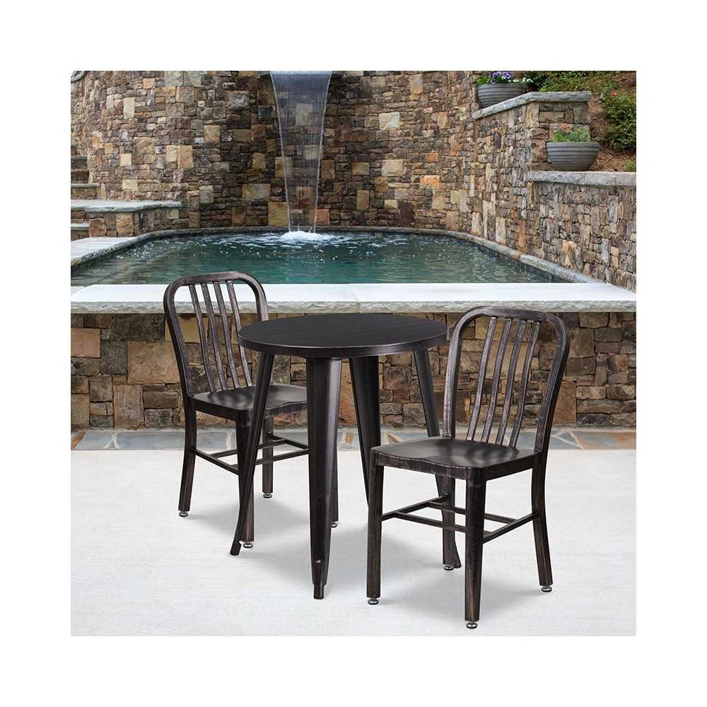 Commercial Grade 24" Round Black-Antique Gold Metal Indoor-Outdoor Table Set with 2 Vertical Slat Back Chairs