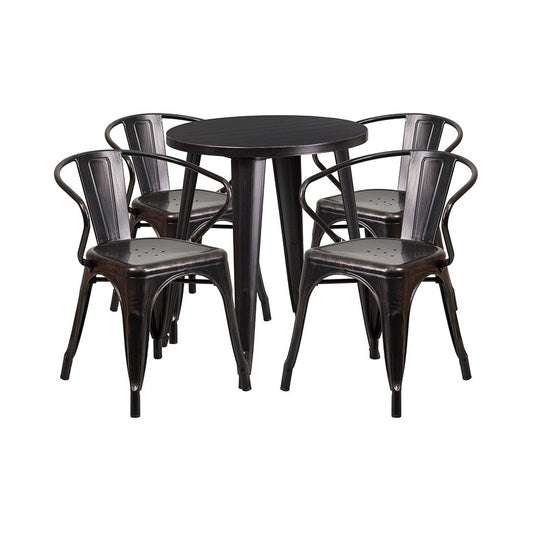 Commercial Grade 24" Round Black-Antique Gold Metal Indoor-Outdoor Table Set with 4 Arm Chairs