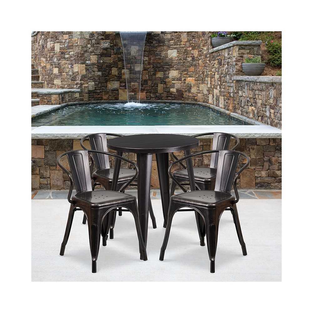 Commercial Grade 24" Round Black-Antique Gold Metal Indoor-Outdoor Table Set with 4 Arm Chairs
