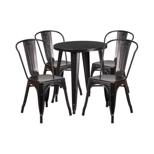 Commercial Grade 24" Round Black-Antique Gold Metal Indoor-Outdoor Table Set with 4 Cafe Chairs