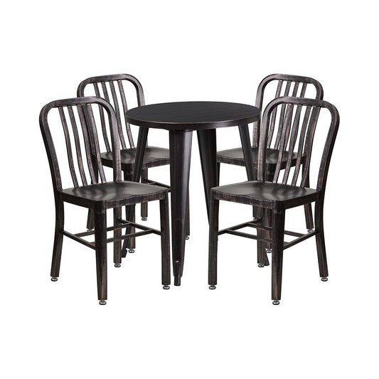 Commercial Grade 24" Round Black-Antique Gold Metal Indoor-Outdoor Table Set with 4 Vertical Slat Back Chairs