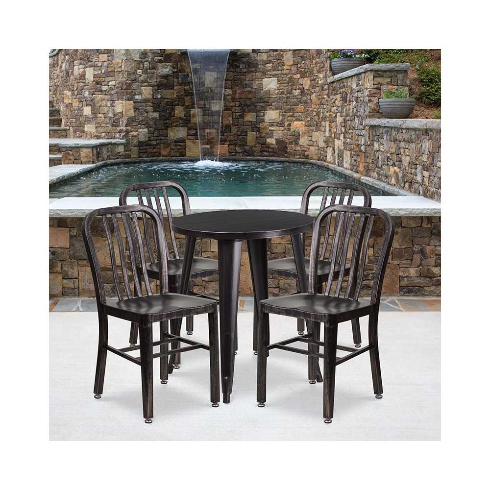 Commercial Grade 24" Round Black-Antique Gold Metal Indoor-Outdoor Table Set with 4 Vertical Slat Back Chairs