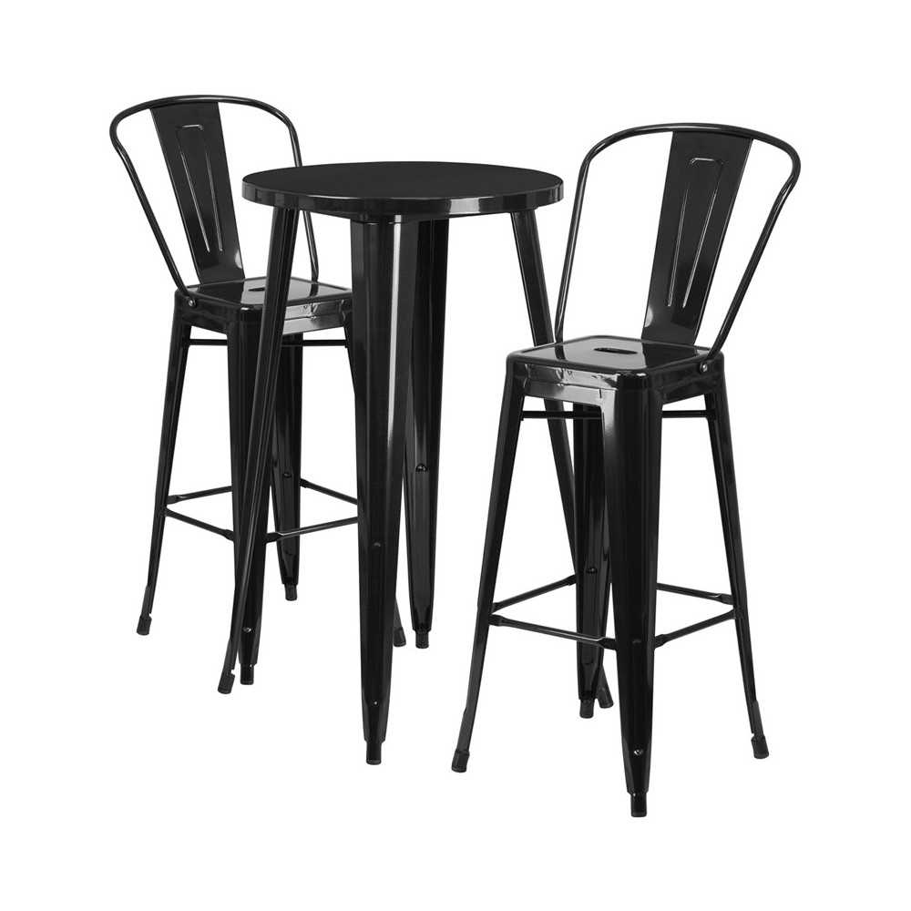 Commercial Grade 24" Round Black Metal Indoor-Outdoor Bar Table Set with 2 Cafe Stools