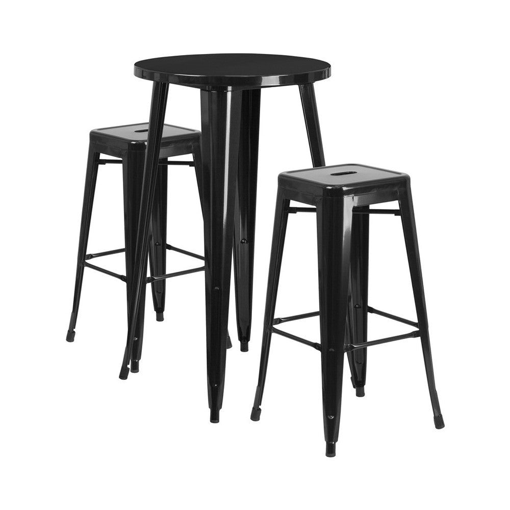 Commercial Grade 24" Round Black Metal Indoor-Outdoor Bar Table Set with 2 Square Seat Backless Stools