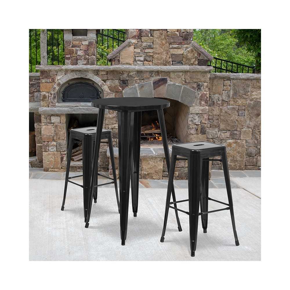 Commercial Grade 24" Round Black Metal Indoor-Outdoor Bar Table Set with 2 Square Seat Backless Stools