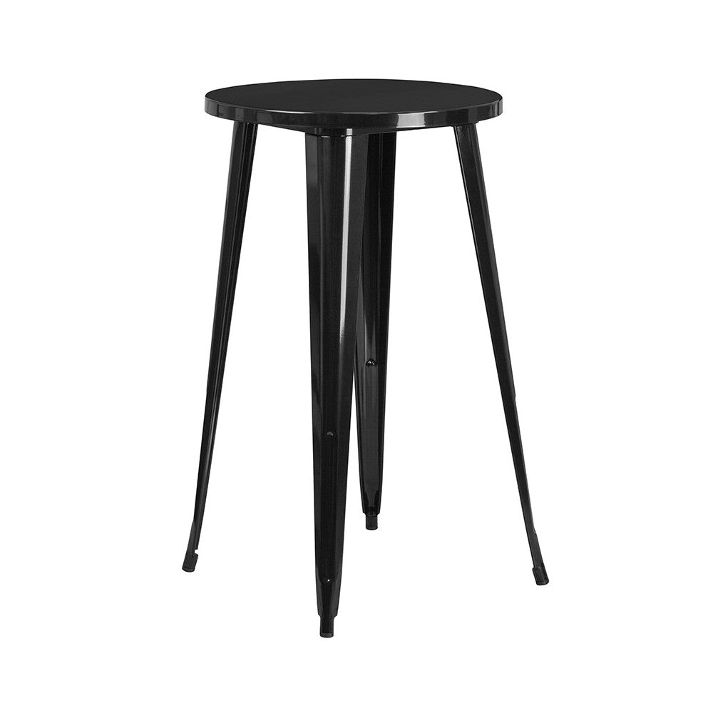 Commercial Grade 24" Round Black Metal Indoor-Outdoor Bar Table Set with 2 Square Seat Backless Stools