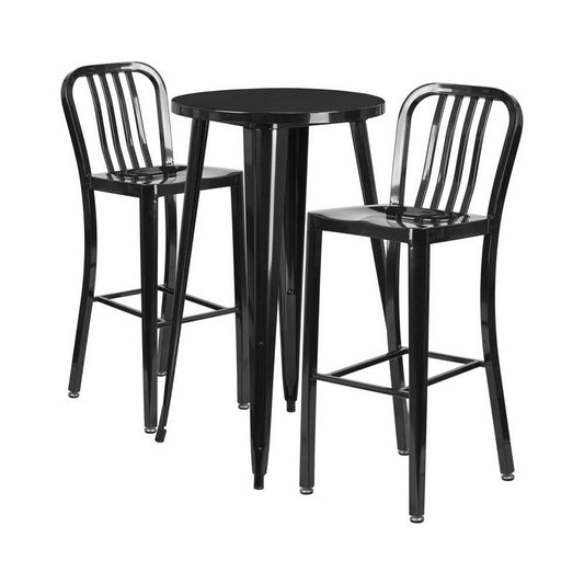 Commercial Grade 24" Round Black Metal Indoor-Outdoor Bar Table Set with 2 Vertical Slat Back Stools