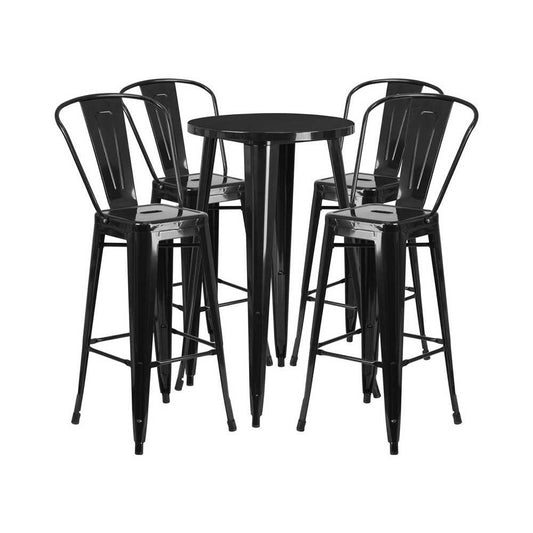 Commercial Grade 24" Round Black Metal Indoor-Outdoor Bar Table Set with 4 Cafe Stools