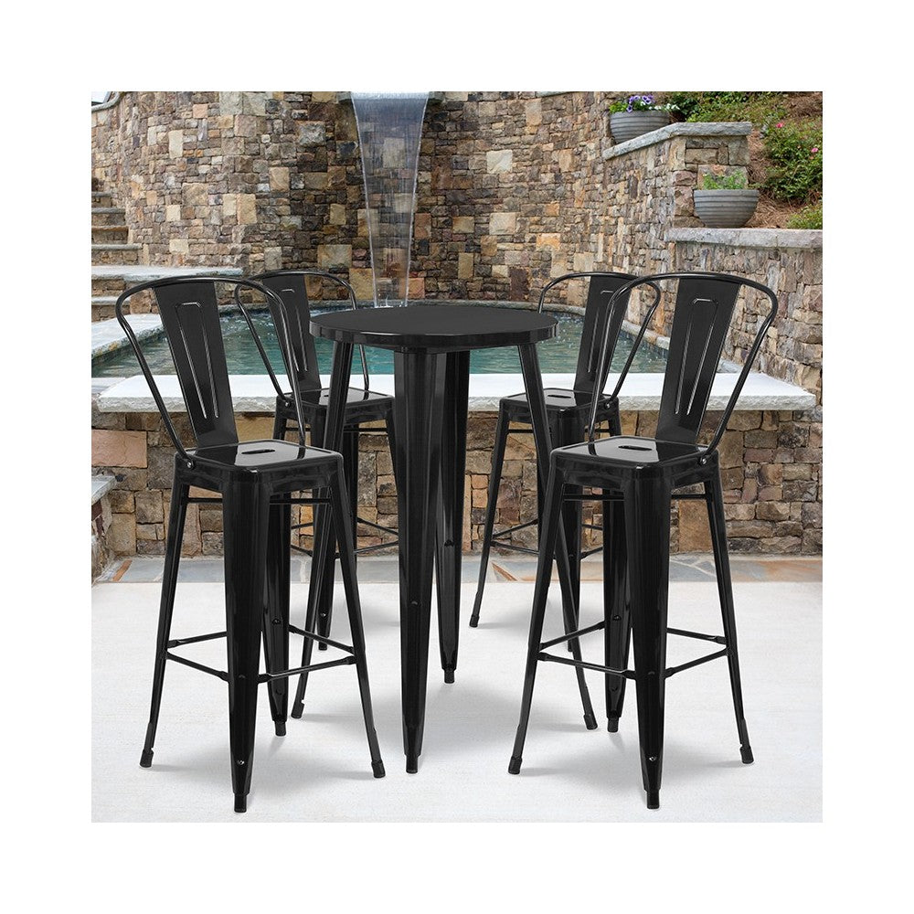 Commercial Grade 24" Round Black Metal Indoor-Outdoor Bar Table Set with 4 Cafe Stools