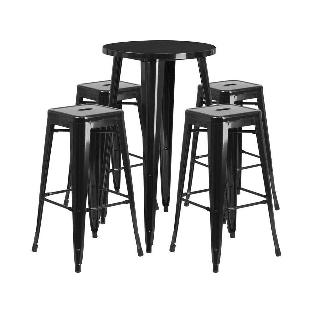 Commercial Grade 24" Round Black Metal Indoor-Outdoor Bar Table Set with 4 Square Seat Backless Stools