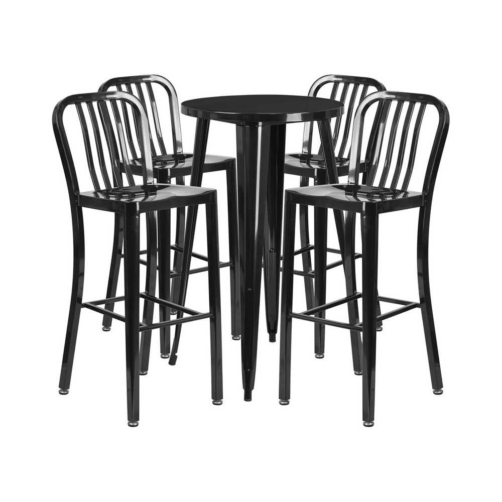 Commercial Grade 24" Round Black Metal Indoor-Outdoor Bar Table Set with 4 Vertical Slat Back Stools