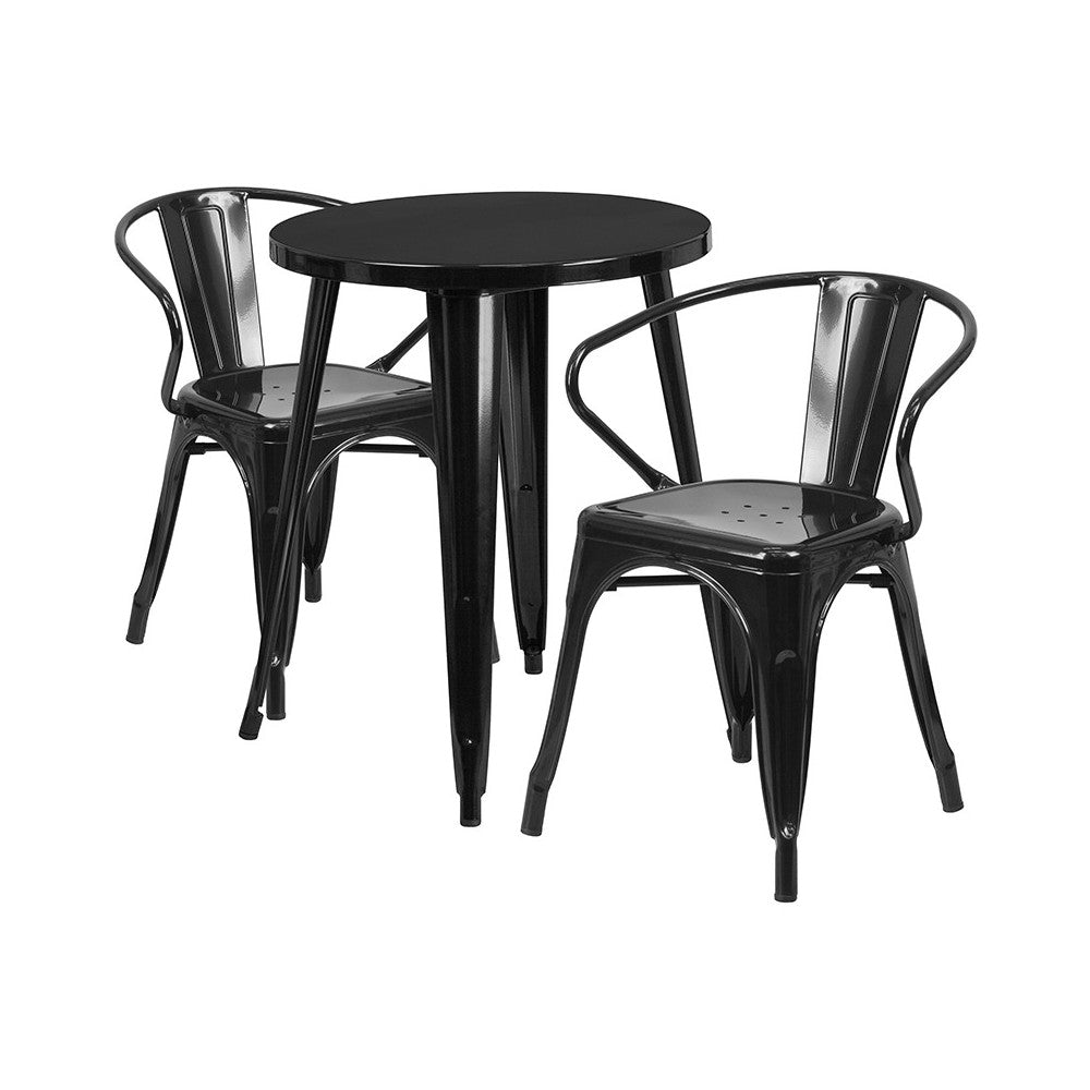 Commercial Grade 24" Round Black Metal Indoor-Outdoor Table Set with 2 Arm Chairs