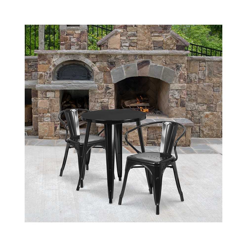 Commercial Grade 24" Round Black Metal Indoor-Outdoor Table Set with 2 Arm Chairs