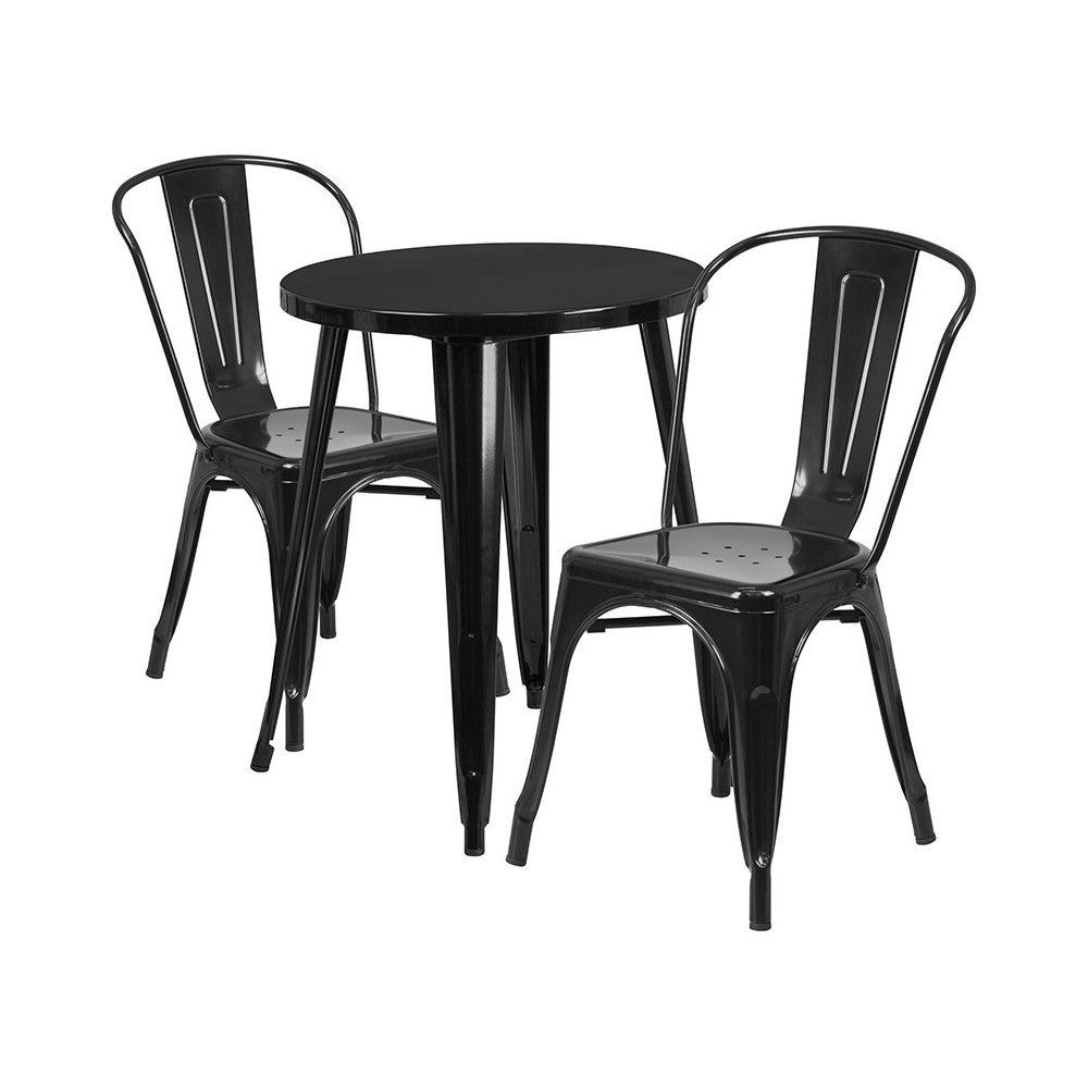 Commercial Grade 24" Round Black Metal Indoor-Outdoor Table Set with 2 Cafe Chairs