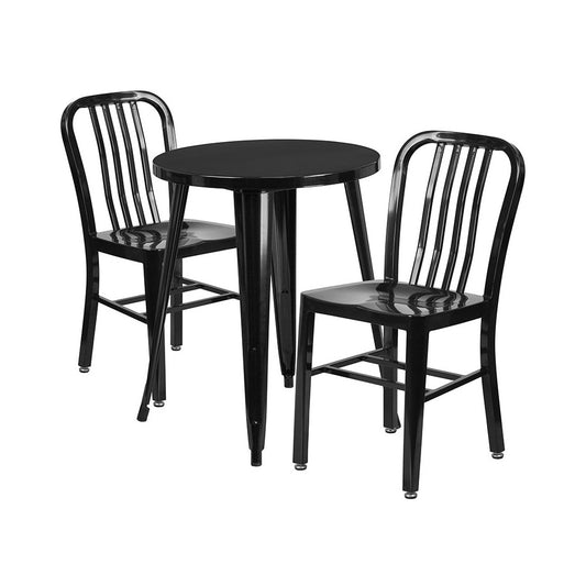 Commercial Grade 24" Round Black Metal Indoor-Outdoor Table Set with 2 Vertical Slat Back Chairs