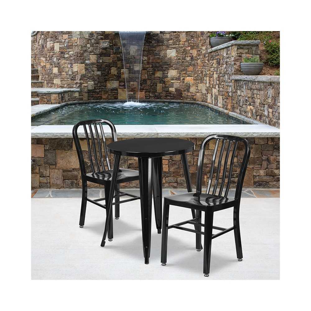 Commercial Grade 24" Round Black Metal Indoor-Outdoor Table Set with 2 Vertical Slat Back Chairs