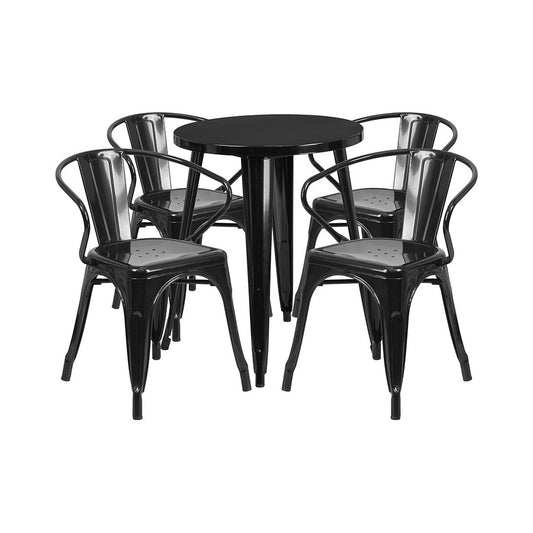 Commercial Grade 24" Round Black Metal Indoor-Outdoor Table Set with 4 Arm Chairs