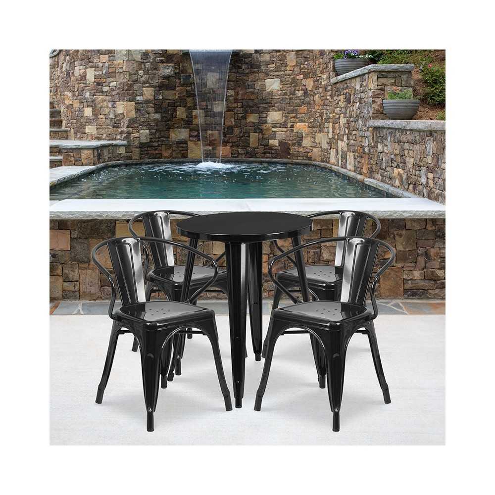 Commercial Grade 24" Round Black Metal Indoor-Outdoor Table Set with 4 Arm Chairs