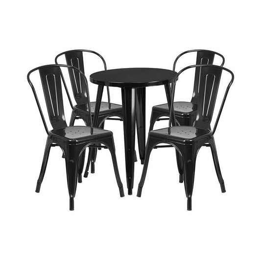 Commercial Grade 24" Round Black Metal Indoor-Outdoor Table Set with 4 Cafe Chairs