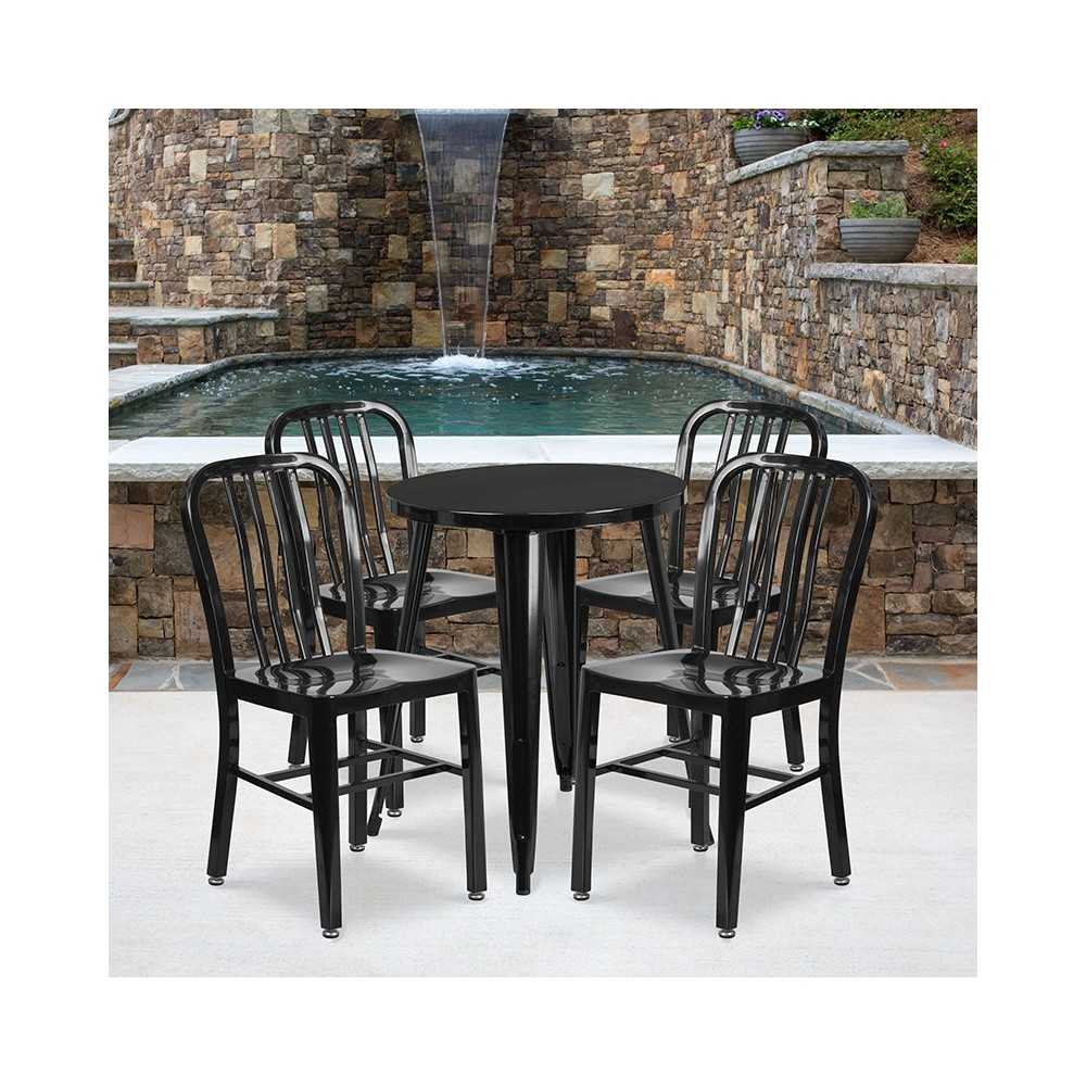 Commercial Grade 24" Round Black Metal Indoor-Outdoor Table Set with 4 Vertical Slat Back Chairs