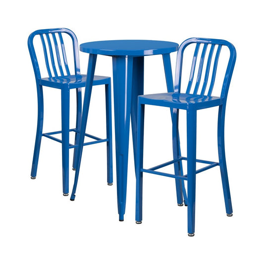 Commercial Grade 24" Round Blue Metal Indoor-Outdoor Bar Table Set with 2 Vertical Slat Back Stools