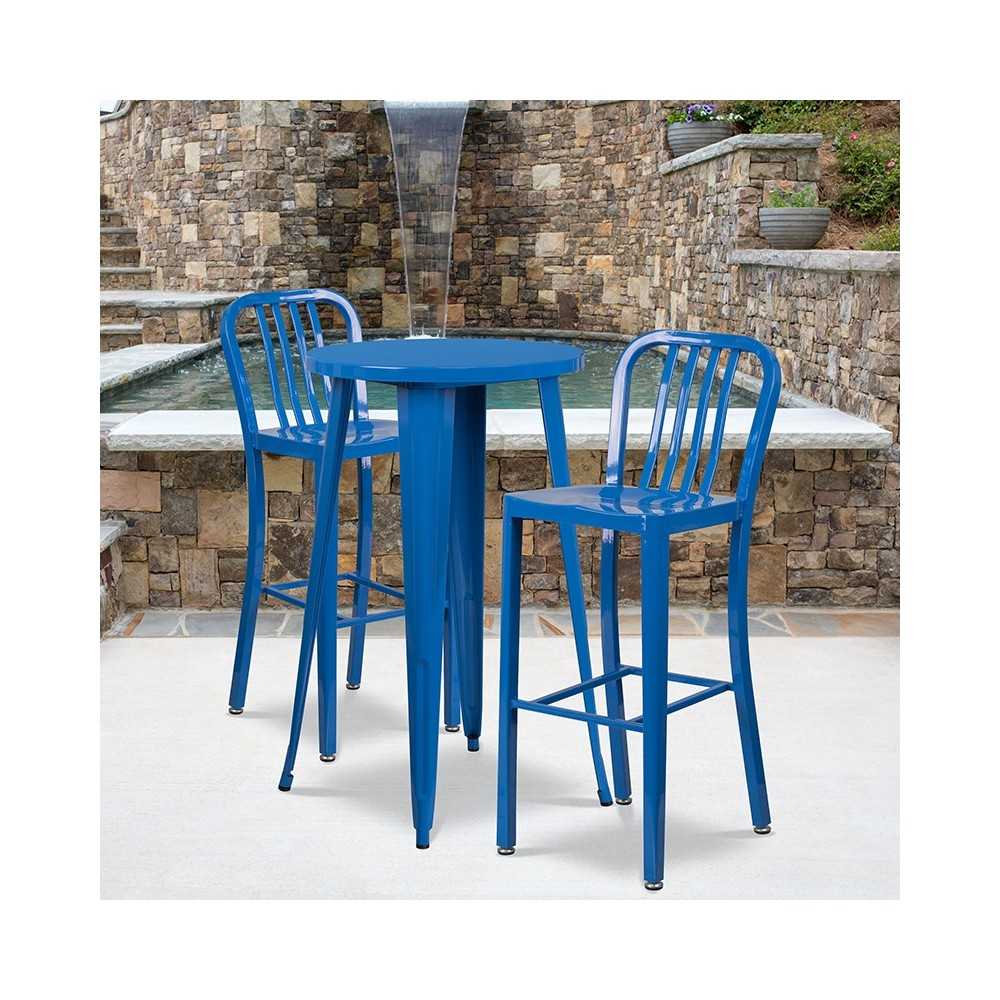 Commercial Grade 24" Round Blue Metal Indoor-Outdoor Bar Table Set with 2 Vertical Slat Back Stools